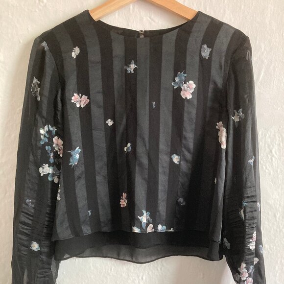 Club Monaco Floral Silk Blouse with Striped Sheer Panels in Black / Blush sz M - Picture 3 of 5